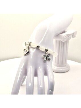 White Beaded Bracelet With Silver Tone Butterfly & Heart Charms Stretch Band Ele